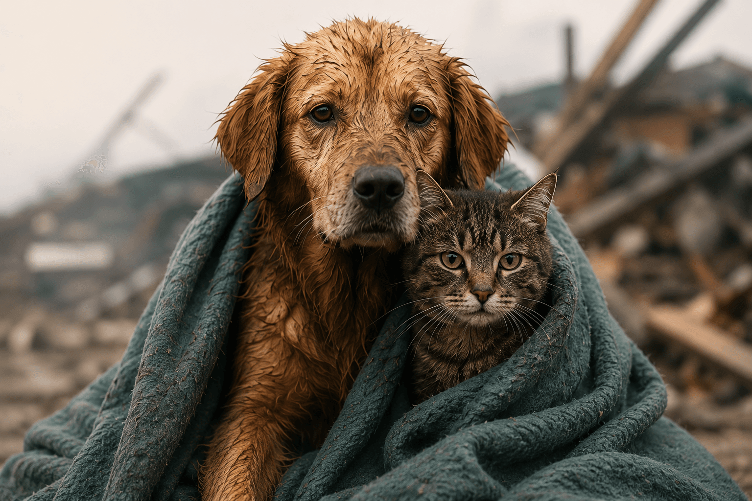 Un perro y un gato rescatados, cubiertos con una cobija tras el terremoto
