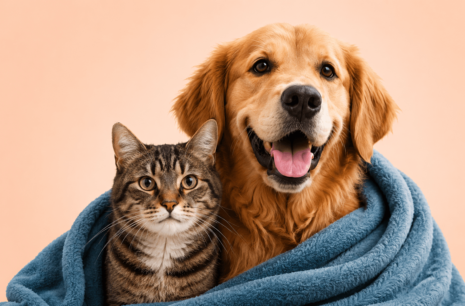 Un perro y un gato a salvo, envueltos en una cobija